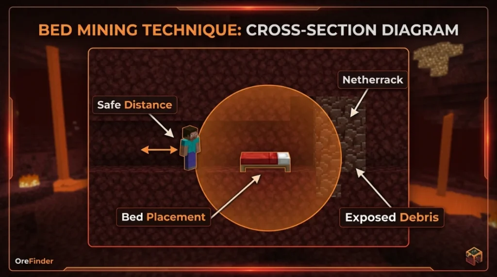 Bed mining explosion technique for exposing ancient debris in Minecraft Nether