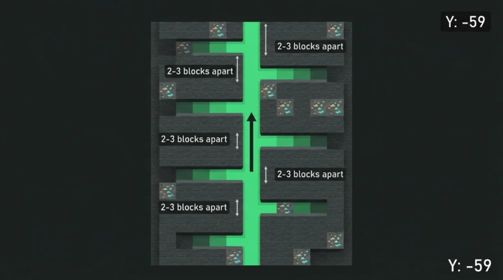 Optimal strip mining pattern at Y-59 for Bedrock Edition diamond mining