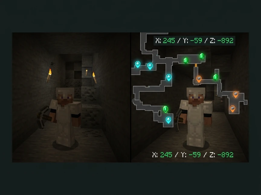 Comparison of random mining versus using ore finder tool to locate diamonds and emeralds in Minecraft