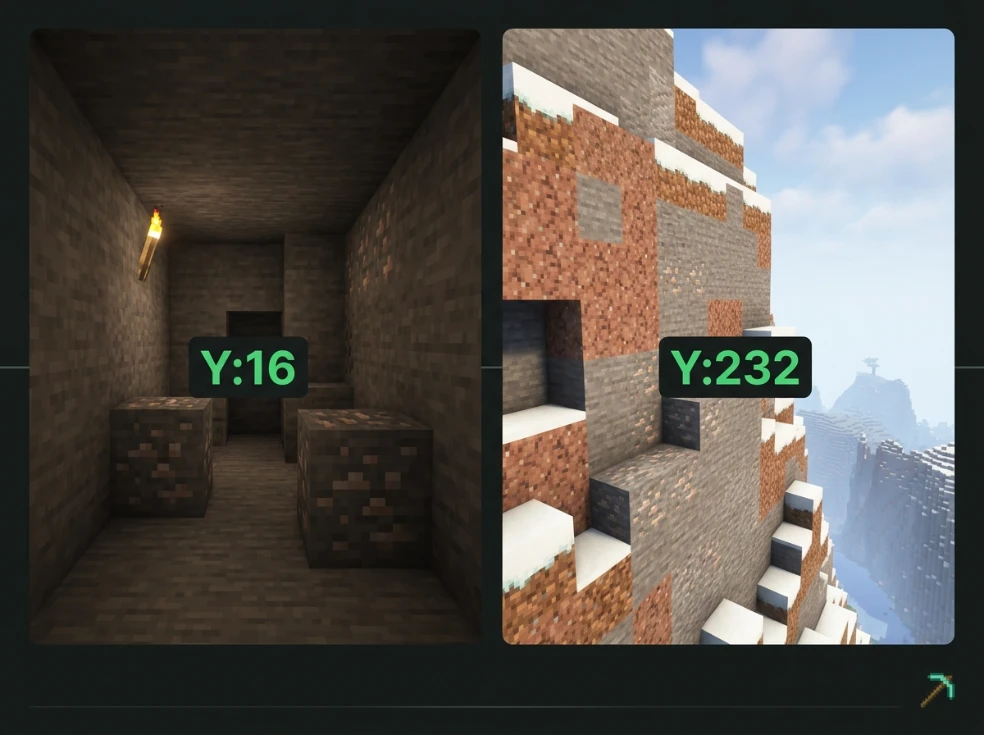 Best Y coordinates for iron mining in Minecraft showing Y16 underground and Y232 in mountains