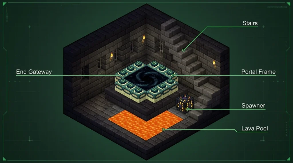 End Portal room layout diagram showing lava pool, portal frame, and spawner in Minecraft stronghold