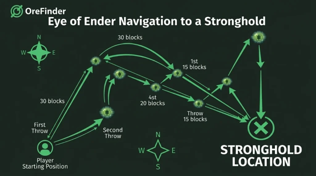 Eye of Ender navigation path diagram for finding stronghold in Minecraft