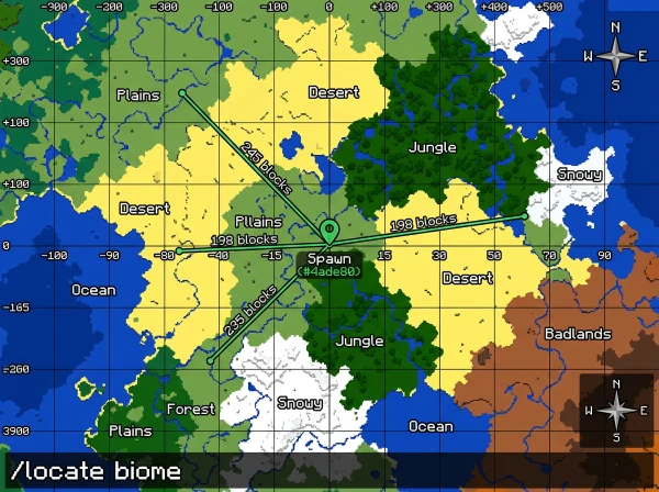Minecraft biome map showing distances to nearest biomes from spawn point with coordinates