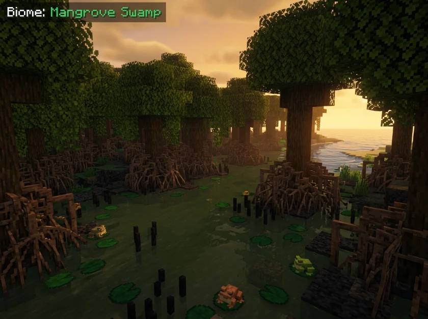 Minecraft mangrove swamp biome showing mangrove trees with exposed roots in muddy water