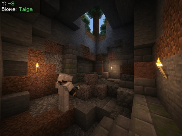 Minecraft trail ruins structure underground showing suspicious gravel blocks at Y-8 in taiga biome