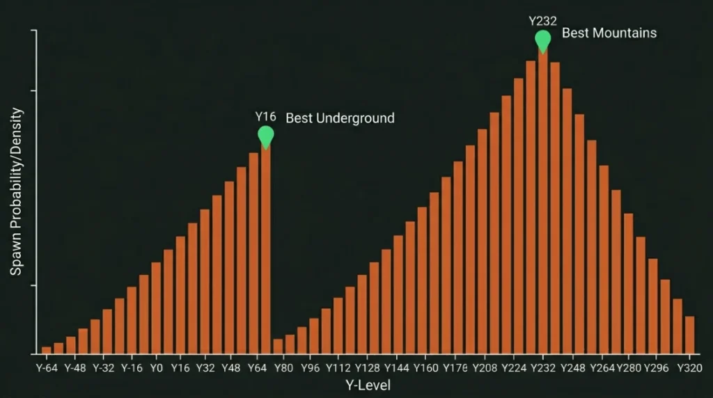 Iron ore spawn distribution chart by Y-level showing peaks at Y16 and Y232