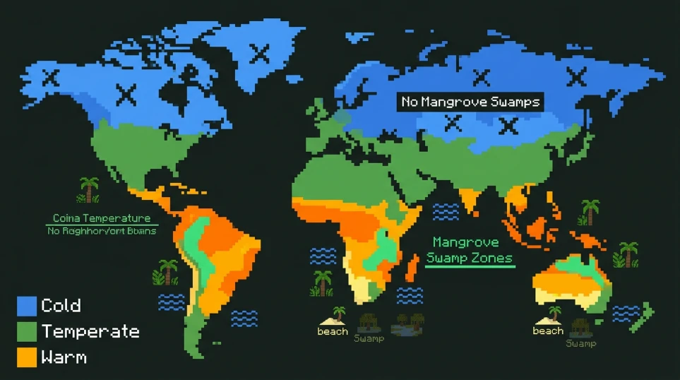 Climate zone map showing where mangrove swamps spawn in warm biomes in Minecraft