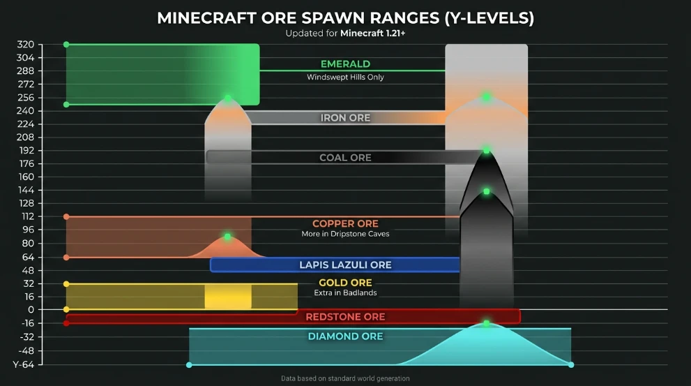 Complete ore spawn chart showing Y-levels for all Minecraft ores including diamonds and emeralds