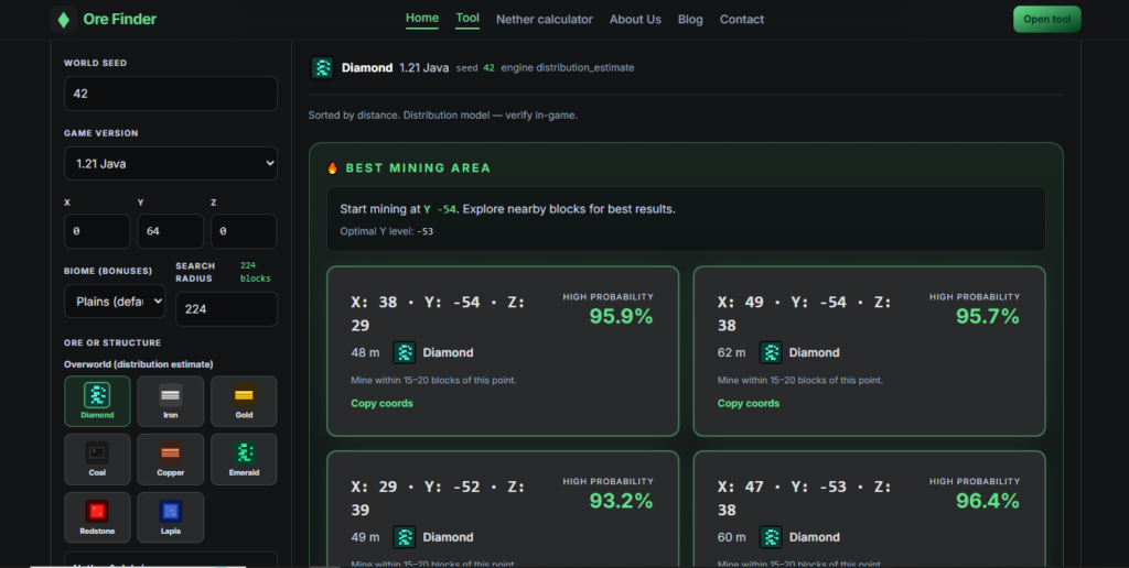 Ore finder tool interface showing diamond and emerald locations on Minecraft world map