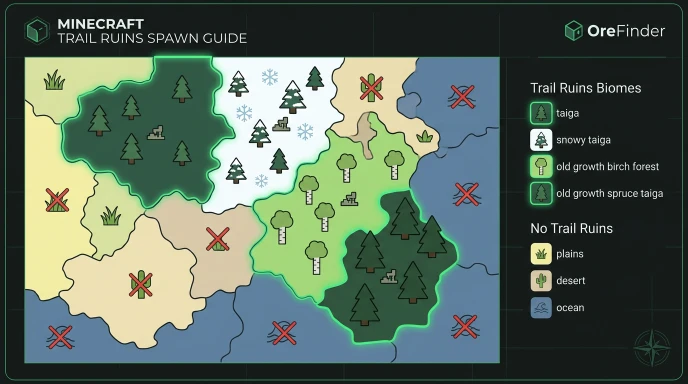 Biome map showing where trail ruins spawn in taiga and old growth forest biomes in Minecraft