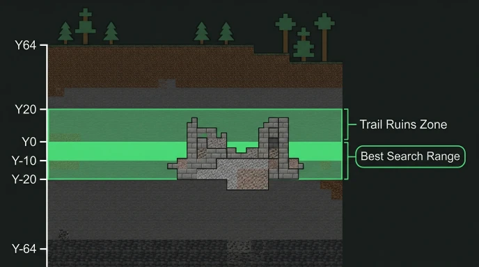 Trail ruins spawn range showing Y-levels from Y-20 to Y20 with best search depth in Minecraft