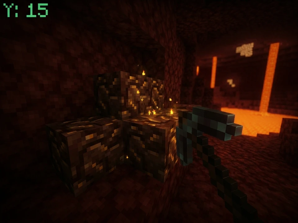 Ancient debris ore at Y level 15 in Minecraft Nether showing optimal mining coordinates