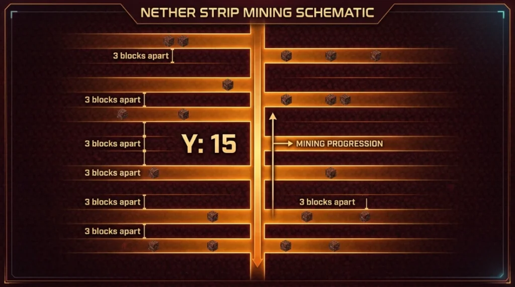 Strip mining pattern at Y15 for finding ancient debris efficiently in Nether