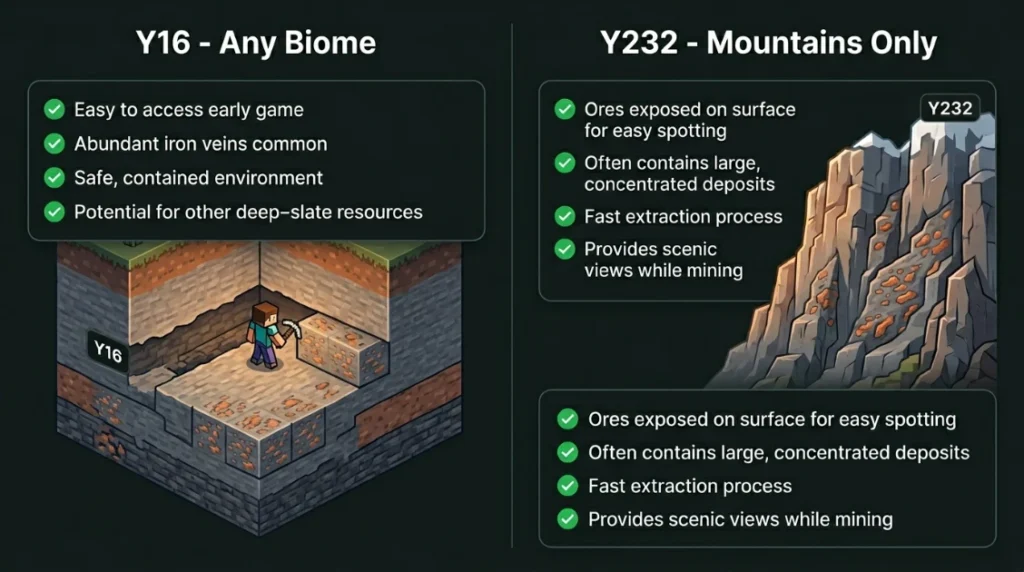 Comparison of iron mining at Y16 underground versus Y232 in mountains