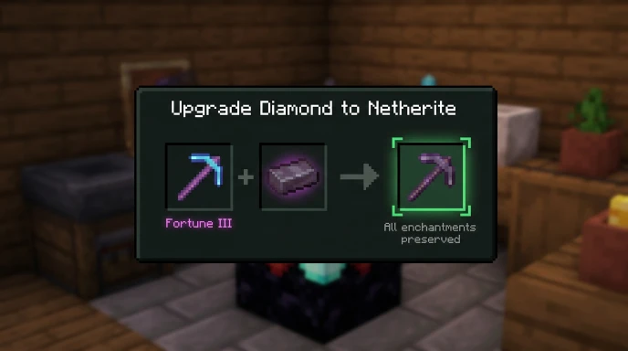 Minecraft smithing table interface showing diamond pickaxe upgrading to netherite pickaxe with Fortune III preserved