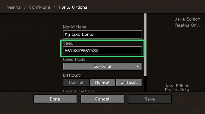 Minecraft Java Edition Realms settings showing where to find world seed