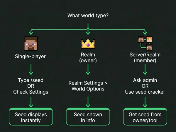 Flowchart showing different methods to find Minecraft seed based on world type