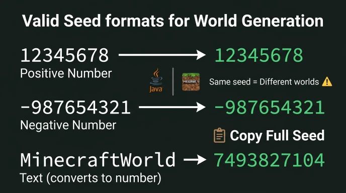 Examples of valid Minecraft seed formats including positive, negative, and text seeds