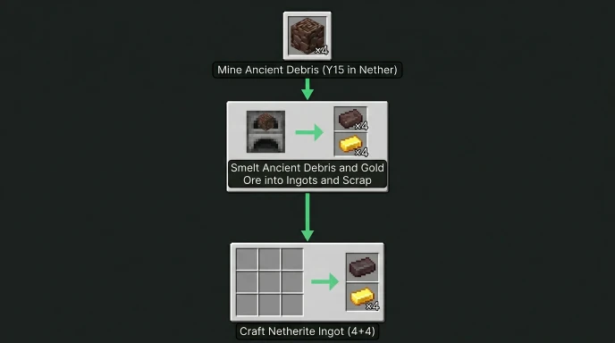 Step-by-step flowchart showing how to craft netherite ingot from ancient debris in Minecraft