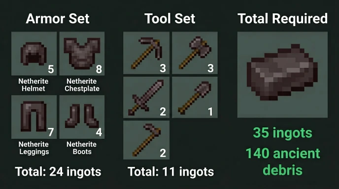 Netherite ingot requirements chart showing 24 for armor and 11 for tools in Minecraft