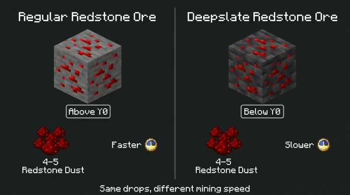 Comparison of regular redstone ore and deepslate redstone ore in Minecraft
