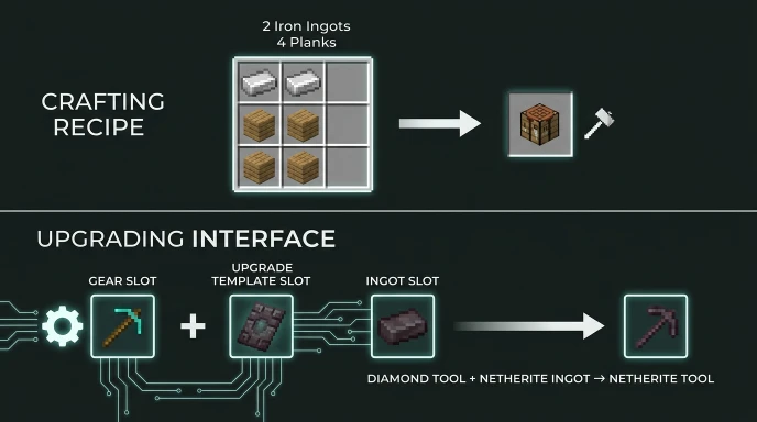 Smithing table crafting recipe and upgrade interface guide for making netherite tools