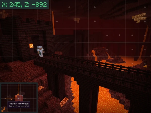 Massive Nether fortress with brown nether brick structures and coordinates visible in Minecraft