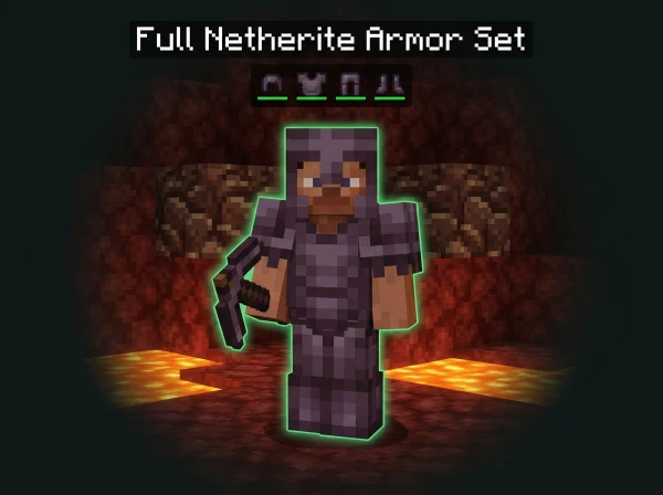 Minecraft player wearing full netherite armor set holding netherite pickaxe in Nether environment