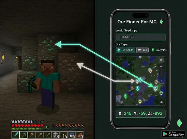 Ore Finder For MC app interface showing ore coordinates and Minecraft gameplay with located ore blocks