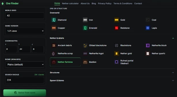 Nether fortress finder tool interface showing seed input and discovered fortress locations with coordinates