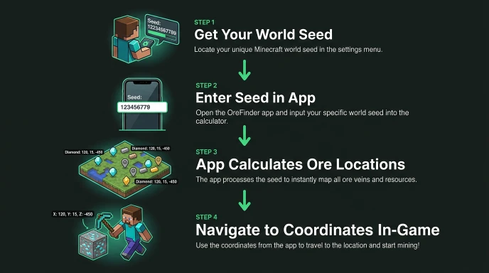 Flowchart showing how Minecraft ore finder app works from seed input to navigation