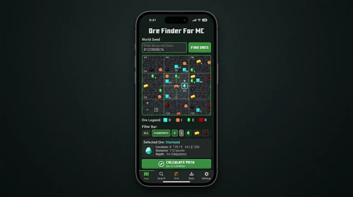 Mobile app interface mockup showing ore finder features, map, coordinates, and ore filters