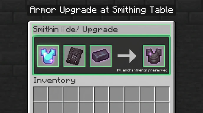 Minecraft smithing table interface showing diamond armor upgrading to netherite with enchantments preserved